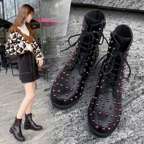 Womens Boots British Style Womens Boots Grape Rivet Lace-up Side Zipper Square Root Boots Thick-soled Round Toe Short Boots