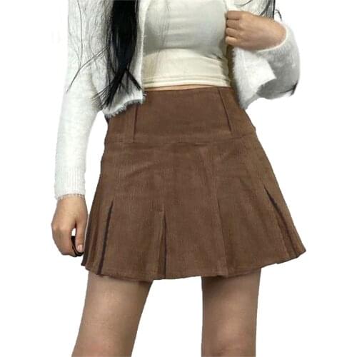 Womens Brown Corduroy Pleated Skirts 90s Vintage Y2K Aesthetic School Girl Mini Skirt High Waist Cute Kawaii Short Clothes