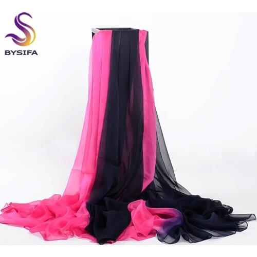 [BYSIFA] Winter Women Scarves New Arrival Fashion Accessories Navy Blue Hot Pink Gradient Long Silk Scarf Summer Shawl Cover-ups