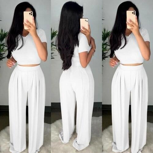 2021 Summer Fashion Ladies Suit Sportswear Ladies O-neck Short-sleeved Crop Top Wrinkle Wide-leg Pants Business Work Sportswear