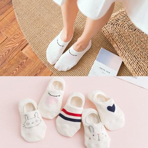 10 pieces = 5 pairs Women Cotton Socks Blue Cute Ankle Socks Set Korean Style Funny Cat Dog Casual Animal Invisible Short Sox