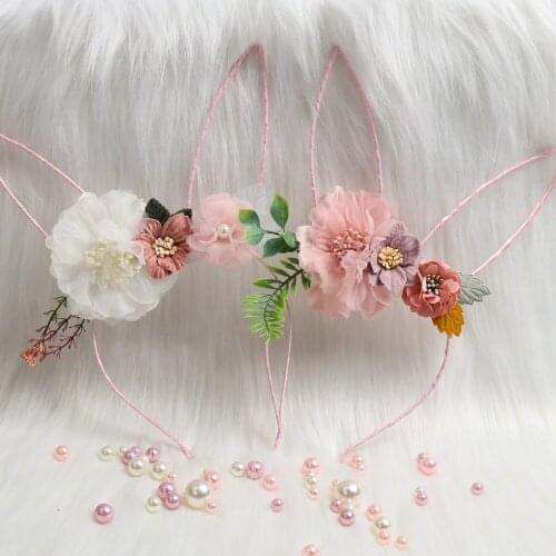 2021 Fashion Children Sweet Rabbit Ear Flower Headbands Bezel For Girls Kids Hairband Cute Floral Hair Accessories Headwear