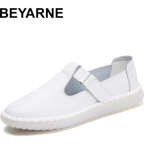BEYARNEAutumn Casual Woman Platform Shoes Moccasin Womens Soft Round Toe Dress Flats Women Autumn Genuine Leather Nurse Summer