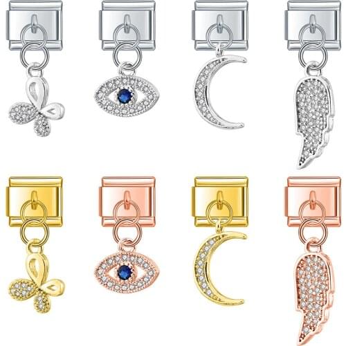 Hapiship Fashion Moon Eye Butterfly Angle Wing Shiny CZ Charm Links Fit 9mm Stainless Steel Bracelet DIY Making Jewelry DJ418