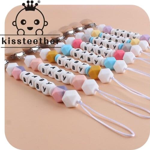 Kissteether Personalized Name Food Grade Two-Color Silicone Hexagon Pacifier Clips Chain for Baby Teething Customized Name Gift