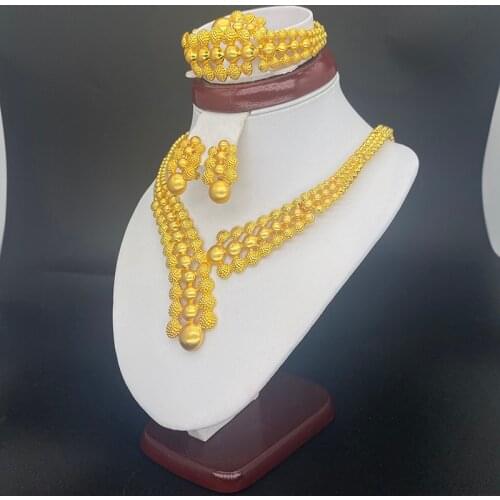 Dubai Jewelry Set For Women African Necklace Earrings Ring Ethiopian 24k Gold Wedding Bridal Party Gifts