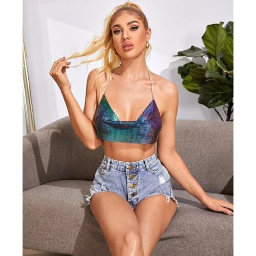 Elegant Metal Camis Crop Top Summer Club Beach Sequined Backless Halter Party Women Sexy Tank Top Camisole V Neck Lady Fashion