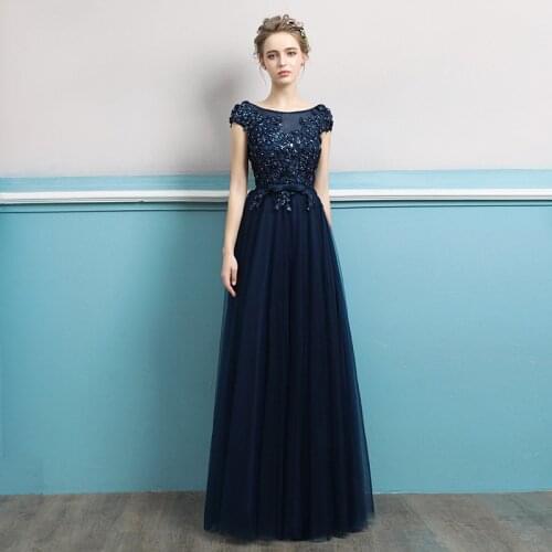 Elegant Dark Blue A-Line Short O-Neck Floor-Length Appliques Cap Sleeves Backless Bridesmaid Dresses Women Wedding 2021 New