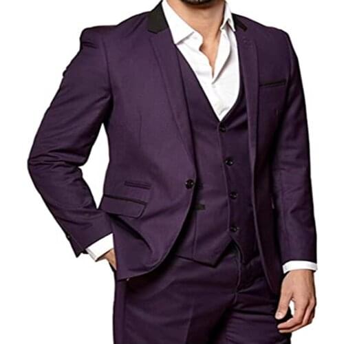 Purple 3 Pieces Mens Wedding Suits Slim Fit Single Breasted Button Down V Neck Business Blazer Jackets vest and Pants Costumes
