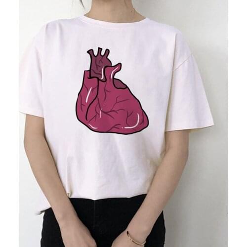Shark Heart Print Women T-Shirt Harajuku 90s Ulzzang Graphic O-neck Short Sleeve White Tops Tee Female Clothing