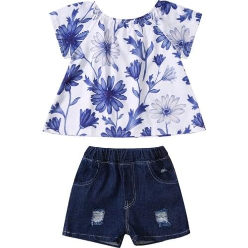 Summer Girls Casual Two-piece Clothes Set Navy Floral Printed Pattern Short Sleeve Round Collar Tops and Denim Shorts