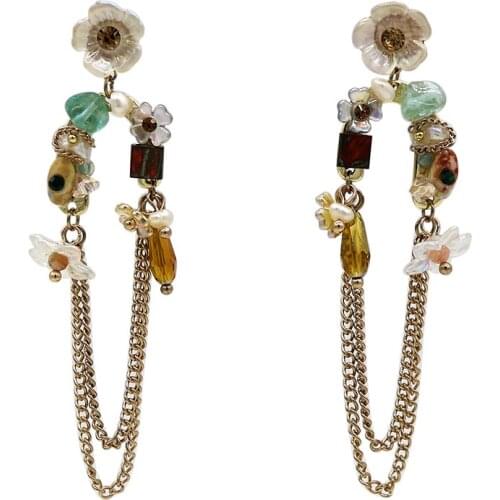 New Korean Earrings Crystal Stone Pearls Double layer Gold Chain Tassel Long Earrings For Women Girls Gifts