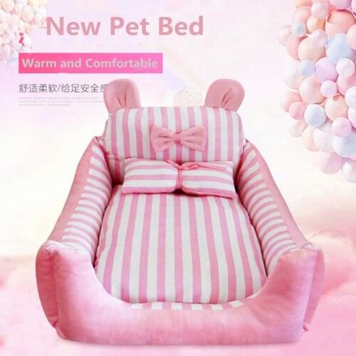 Creative Striped Cartoon Dog Nest Removable Washable Bite-proof Pet Bed Warm Comfortable Breathable Kennel Pink Blue Pet Mat
