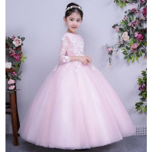 Fashion brand Handmade Pink Flower Girl Dresses Lace half sleeve Applique Ball Gown First Communion Dress for Girl evening dress