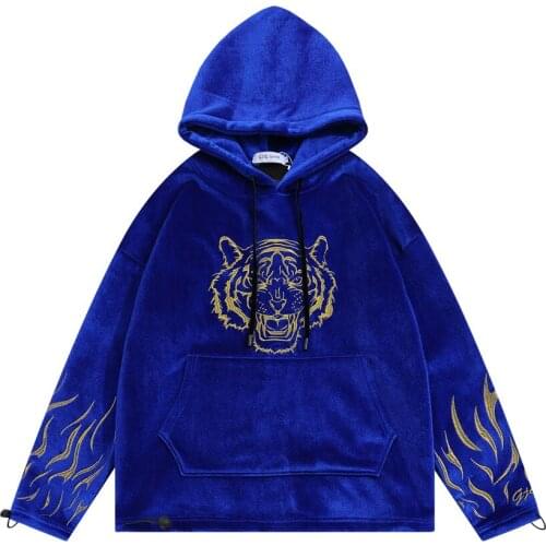 2021 Autumn Tiger Embroidery Velvet Blue Retro Men Oversized Hoodies Pullover Fleece Kpop Casual Hooded Sweatshirt Sweat Capuche