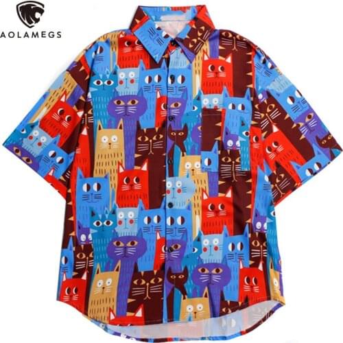 Aolamegs Mens Shirts Cartoon Cat Print High Street Hip Hop Streetwear Summer Fashion Unisex Vintage Oversized Tops Shirts Male