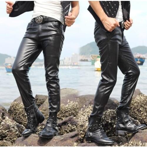 219 autumn winter personality fashion motorcycle faux leather pants mens feet pants pu trousers for men Windproof warm black