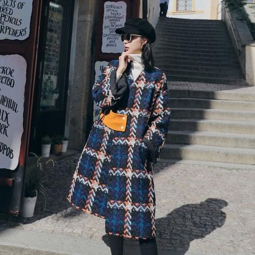 New Autumn Winter Vogue Plaid Warm V-neck All-match Woolen Coat Womens Mid-length Over-the-knee Loose Jacket Korean Clothes