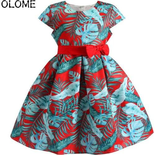 OLOME Summer Floral Girls Sleeveless Dress with Bow Tie Waistband Party Tropical Flower Children Skirts Ball Silky Kids Dress