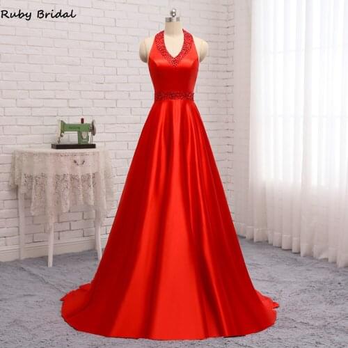 Ruby Bridal 2019 New Vestido De Noite Long A-line Red Evening Dresses Sexy Low Back Soft Satin Beaded Party Gown PW932
