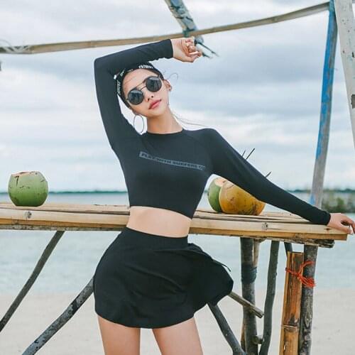 Rashguard Swimwear Women Long Sleeve Swimsuit Sports Female For Fitness 2019 New Black Separated Skirt Korean Swimming Animal