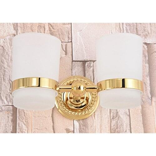 Luxury High Quality Bathroom Gold Color Brass Toothbrush Holder + Two Glasses Wall Mounted tba598