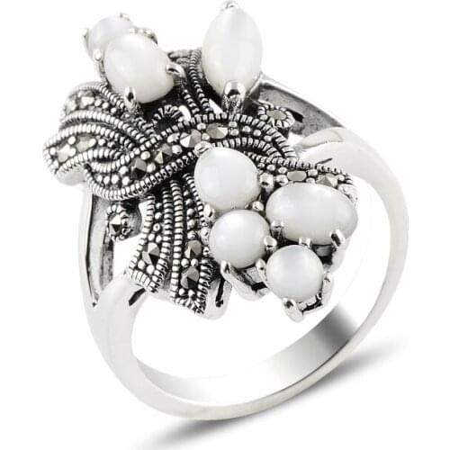 Silver 925 Sterling Pearl & Marcasite Ring