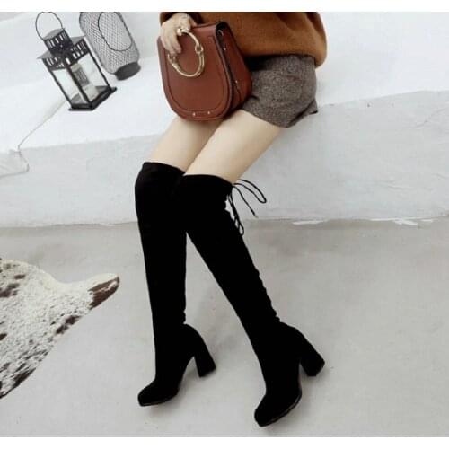 Sianie Tianie 2021 Winter Faux Nubuck Block High Heels Stretch Booties Overknees Long Over-the-knee Women Boots Big Size 45 46