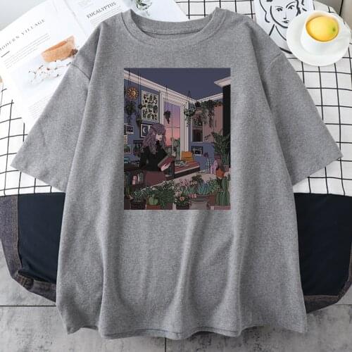 Dusk Beautiful House Prints T-Shirt Womens Fashion Oversized Tee Shirt Vintage Breathable T-Shirts Fashion Quality Women Tshirt
