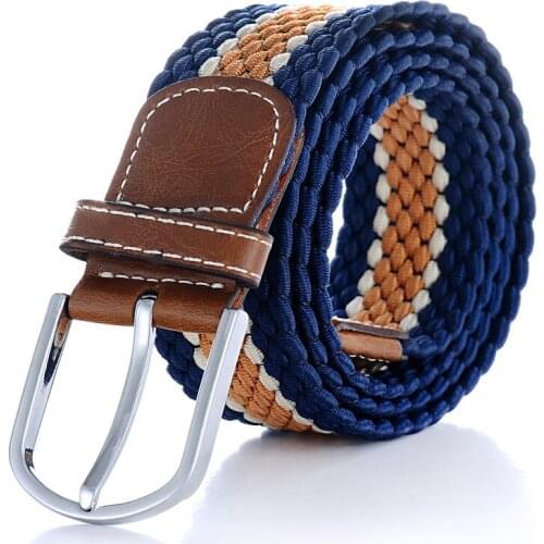 Unisex 2015 new high quality casual golf outdoor elastic woven braided Canvas belts with leather tip