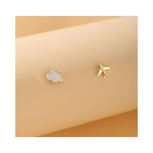Factory Sale Cute Mini Asymmetric Aircraft Airplane Clouds Earrings Small Student Metal Vintage Enamel Jewelry For Women