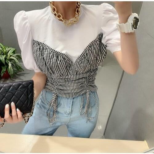 Vintage Patchwork Drawstring Plaid tshirt Tops 2020 Summer Korean Black T-shirt Womens T shirt Puff Short Sleeve t shirts Tees