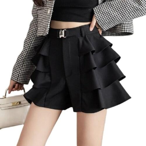 2021 Autumn New Temperament Ladies Metal Buckle Belt Multilayer Cake Skirt Lace Shorts Women