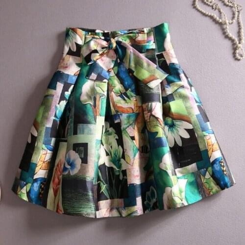 2021 Fashion Hot Tropical Floral Print High Waist Fluffy Pleated Saias Flare Satin Tutu Midi Skirts Womens