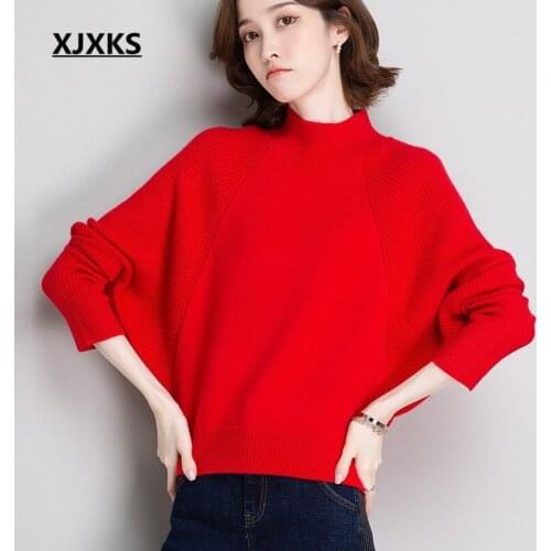 XJXKS 2021 autumn winter new wool knitted turtleneck sweater women pullover loose plus size fashion bat sleeve women sweater