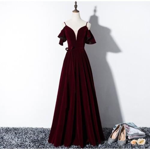 Women Elegant Backless Dress Long A-Line Evening Gown Toast Clothing Burgundy Sexy Spaghetti Strap Velour Party Dress