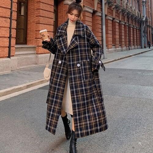 Womens Woolen Coat Autumn Winter New Retro Classic Plaid Long Korean Loose Big Size Lapel Double Breasted Thick Jacket Female