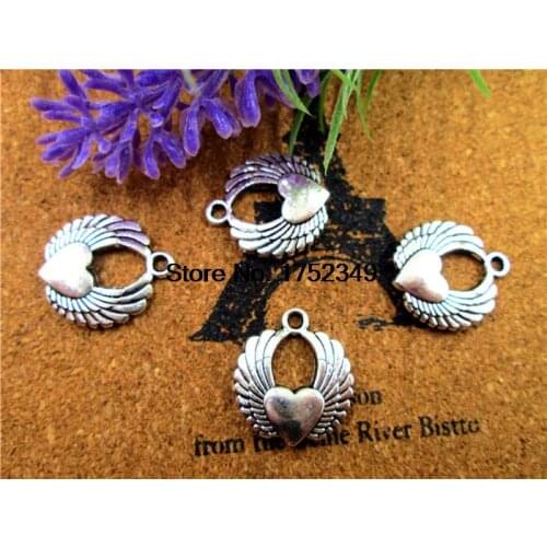 15pcs--Angel Wing Heart Charms, Antique Tibetan Silver Lovely Flying Heart With Wings Charms Pendant 22x19mm