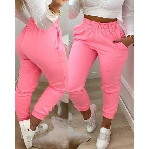 2021 Woman Fashion High Waist Skinny Pants Fashion Pocket Design Shirring Detail Frill Hem Casual Pants