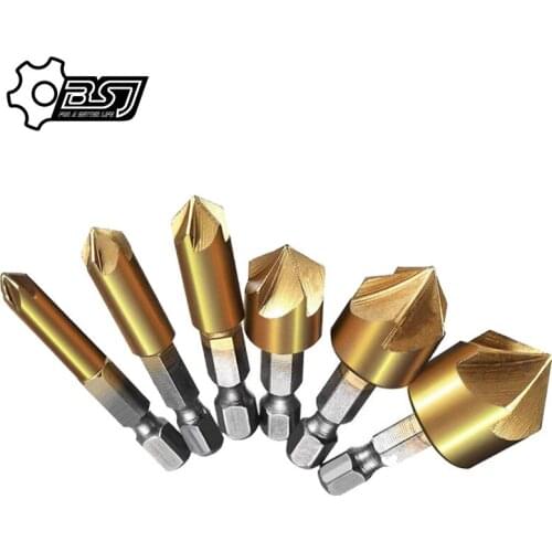 6pcs 5 Flutes HSS Countersink Chamfer Drill Bit 1/4" Hex Shank Titanium Coated Woodworking Core Dril Bit Power Tool Accessories