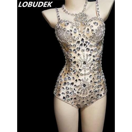 Silver Glass Stones Sleeveless Bodysuit Flashing Rhinestones Catsuits Nightclub Bar DJ Singer Dance Costume Performance Clothing