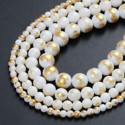 Natural Stone Beads Round White Plated Gold Jades Loose Beads For Jewelry Making DIY Bracelet Accessories 4/6/8/10/12mm