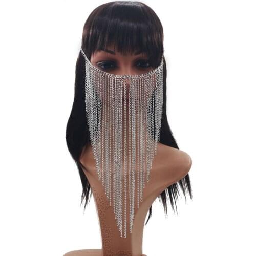 Sexy Women Silver Multi-Layer Long Tassel Chains Face Mask Jewelry Head Harness Chains Headwear Jewelry Adjustable Dropship New
