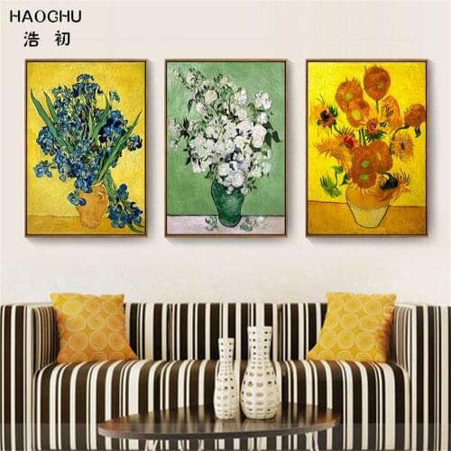 HAOCHU European style Van Gogh Flowers Sunflowers Canvas Wall Paintings Home Kids room School Cafe Bar Decor