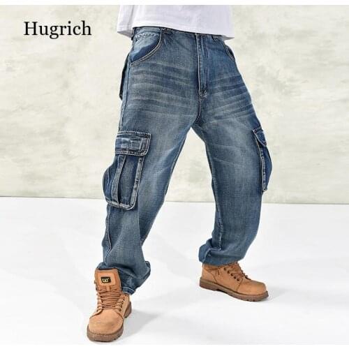 Men Casual Cargo Jeans Pants with Multi Pockets Loose Fit Hip Hop Denim Trousers for Male Baggy Jeans Plus Size 30-46