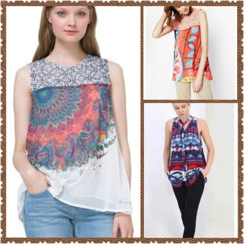 Spanish single lace panel Chiffon color painting sleeveless top 2 Colors 3 options