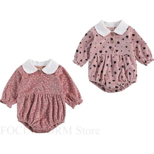 Cute Newborn Baby Girl Long Sleeve Peter Pan Collar Floral Corduroy Bodysuit Jumpsuit Autumn Clothes 0-24M