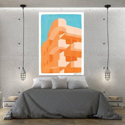 BauhausArchitecture Colorful Art Print Orange Building Wall Prints Orange Canvas Painting Tel Aviv Bauhaus For Home Decor