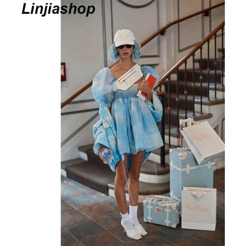 Summer Women Blooming Sky Color Organza Princess Dress Female Sexy Square Neck Puff Sleeve Mini Party Dress Short Vestido