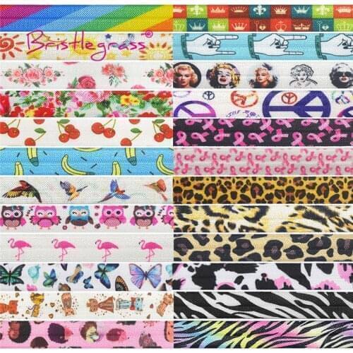 BRISTLEGRASS Wholesale 50 Yard 5/8" 15mm Leopard Rainbow Flower Print Foldover Elastic FOE Spandex Band Hair Tie DIY Sewing Trim
